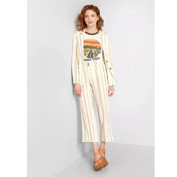 Modcloth Jackets & Blazers - ModCloth Opportunity Linen/Viscose Blazer Cream Striped Front Pockets Light 1X